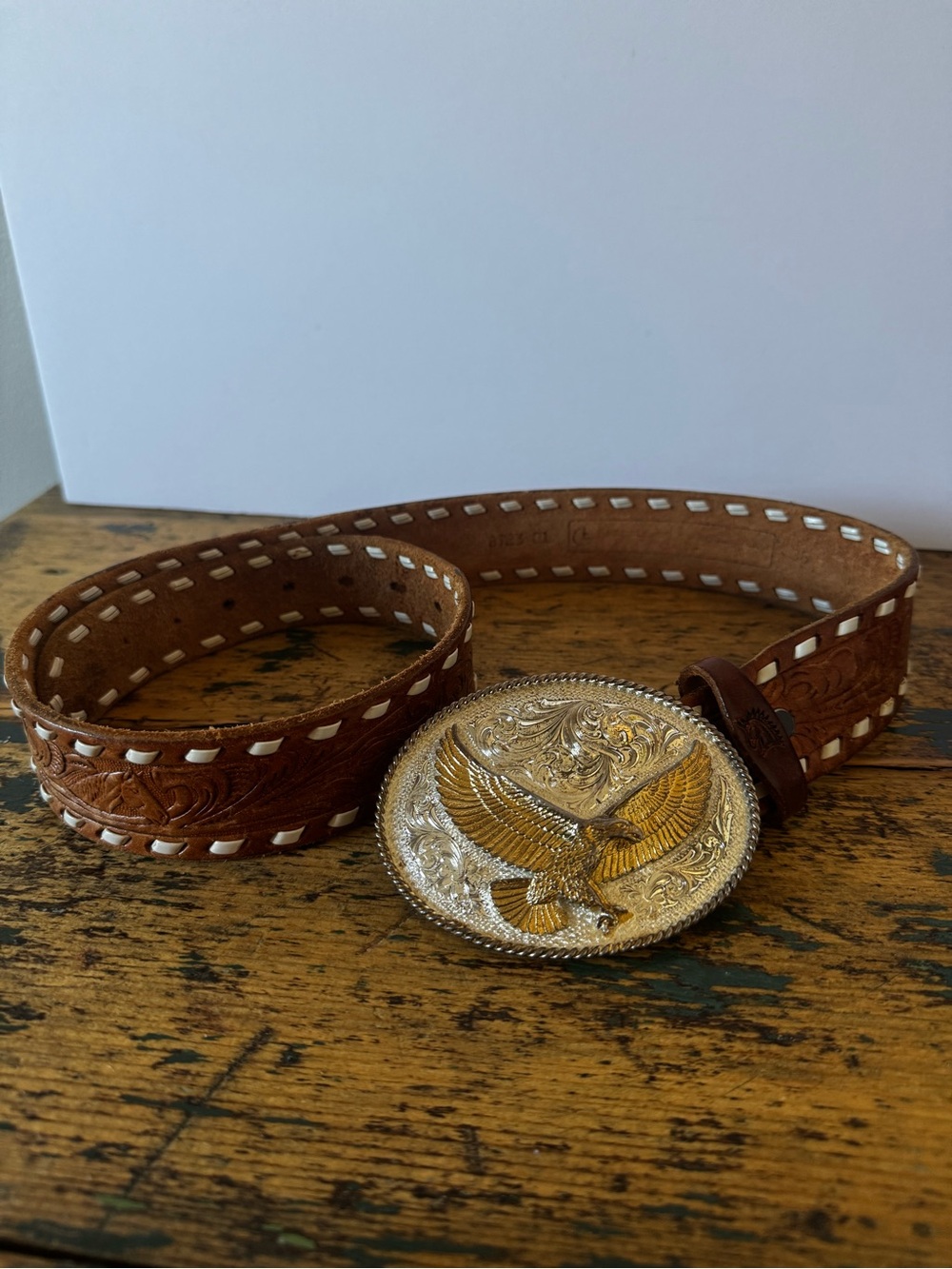 Chambers Brown Leather Western Belt with Montana Silversmiths Eagle Buckle